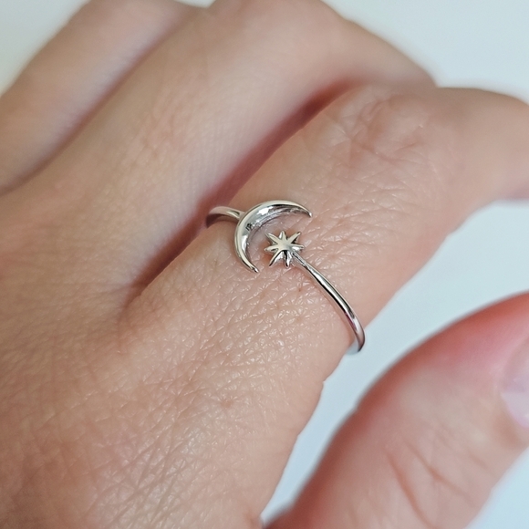Moon Star Ring, Thin Crescent Moon Ring, Sterling Silver Women Ring, Boho Chic, - Picture 6 of 10